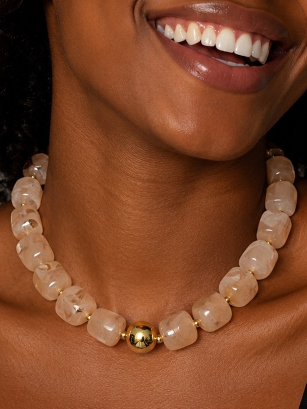 Chunky Blush Beige Beaded Necklace with Gold Accent